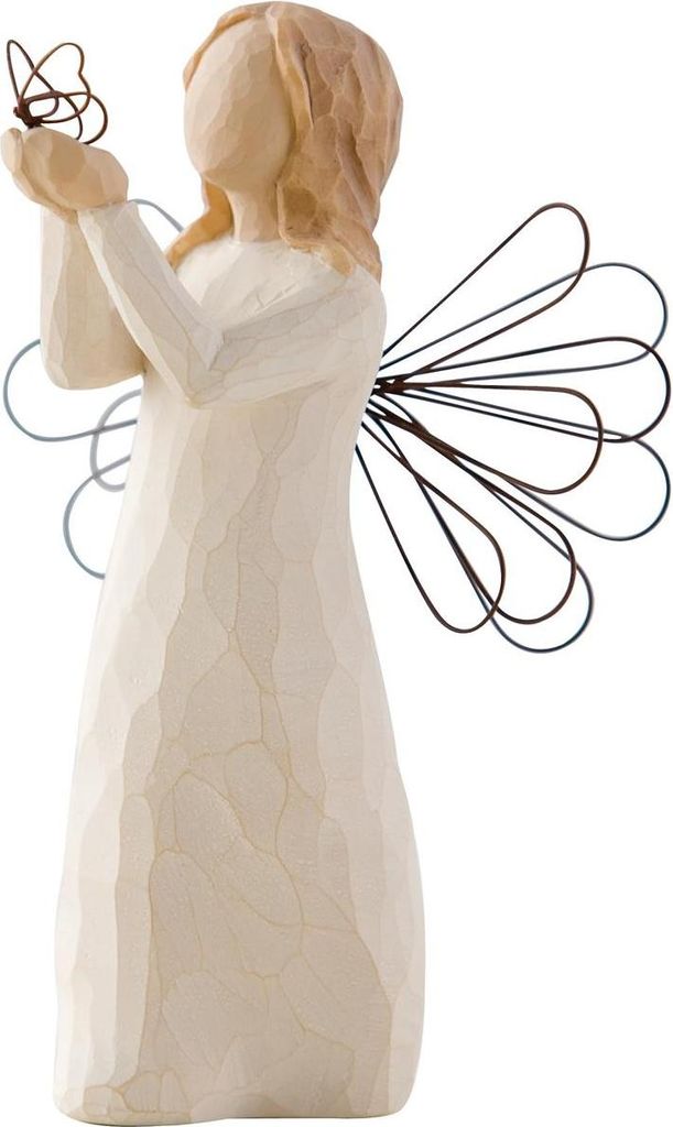 A figurine of an angel holding a butterfly.