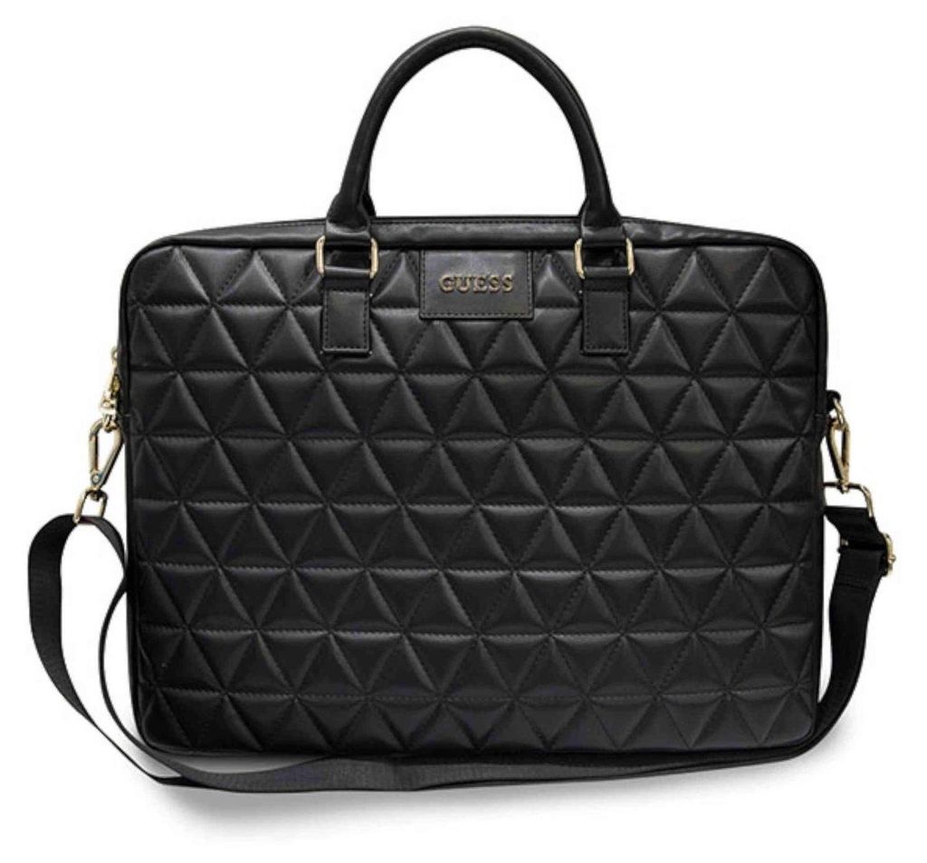 A black quilted laptop bag with gold hardware and a shoulder strap.