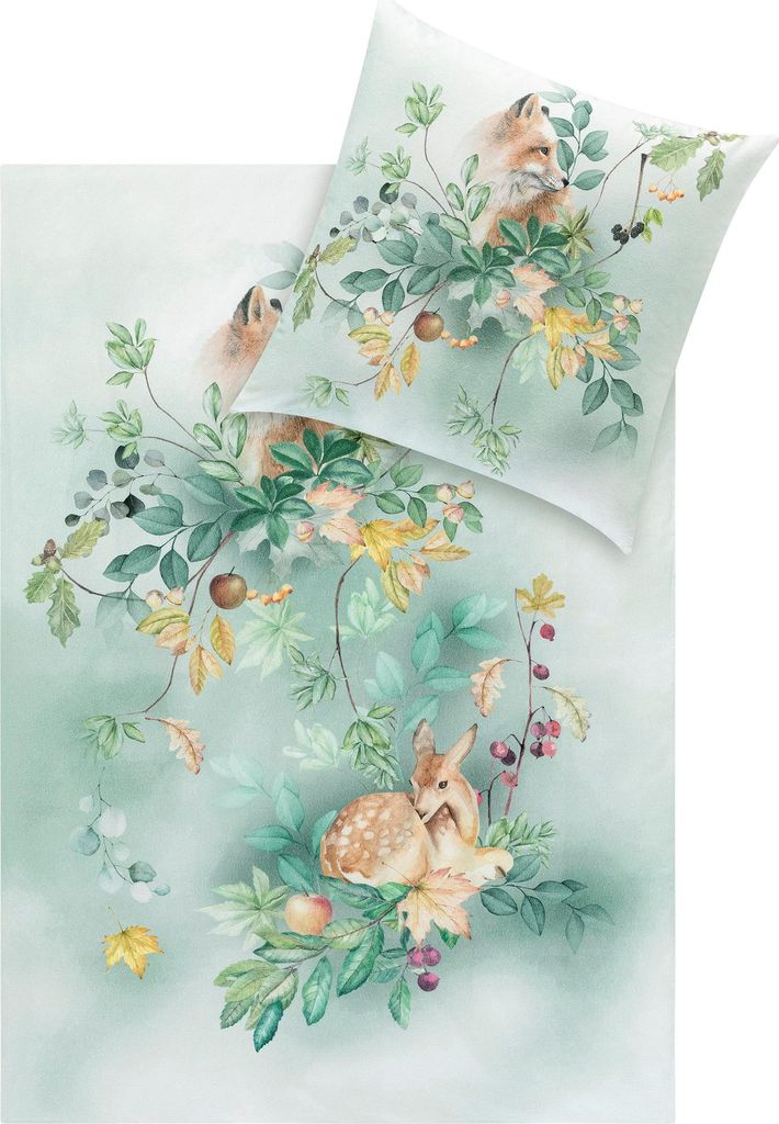 Estella Kuschel Flanell Bettwäsche 135x200 Ferdinand grün Fuchs Reh 4468-530