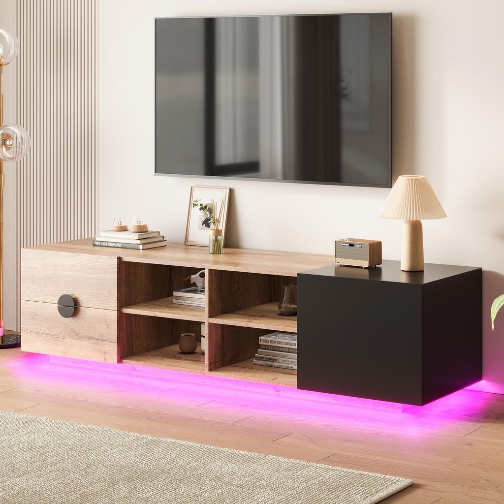 TV-Schrank in Holz-Schwarz mit Schublade & offenem Fach, Medienregal mit Stufenablage für Wohnzimmer, Büro & Arbeitszimmer
