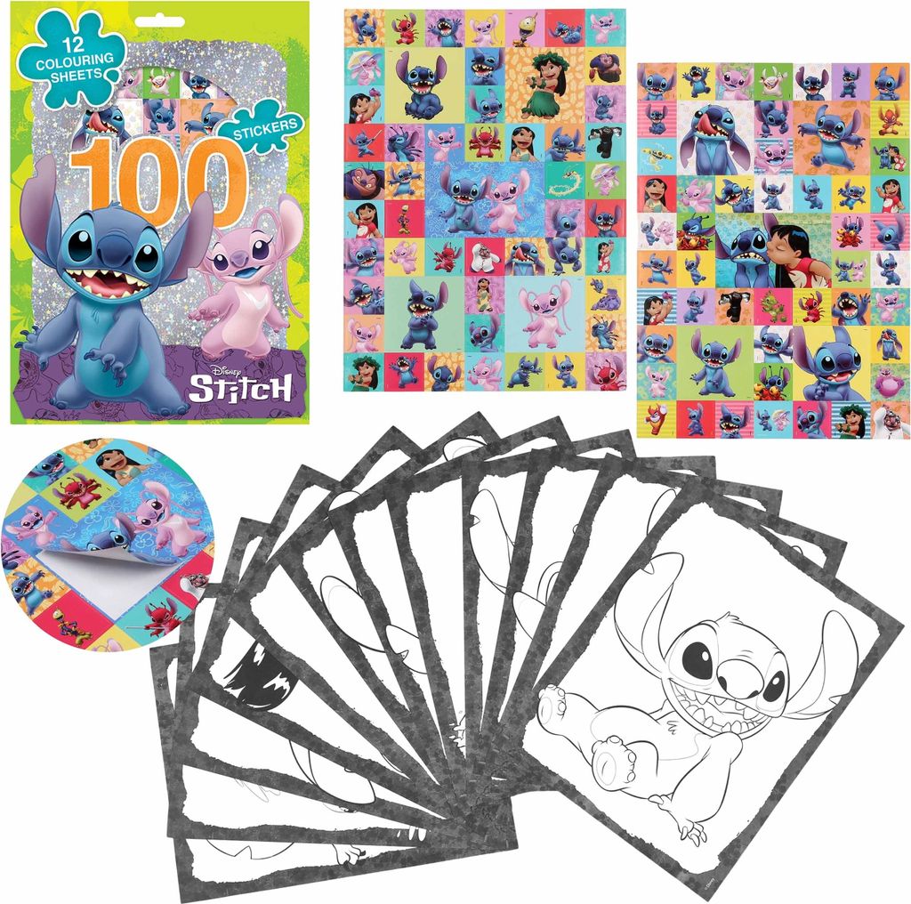 DISNEY Stitch Mal- und Zeichenset, 100 Sticker + Malvorlagen, Kreativset für Kinder