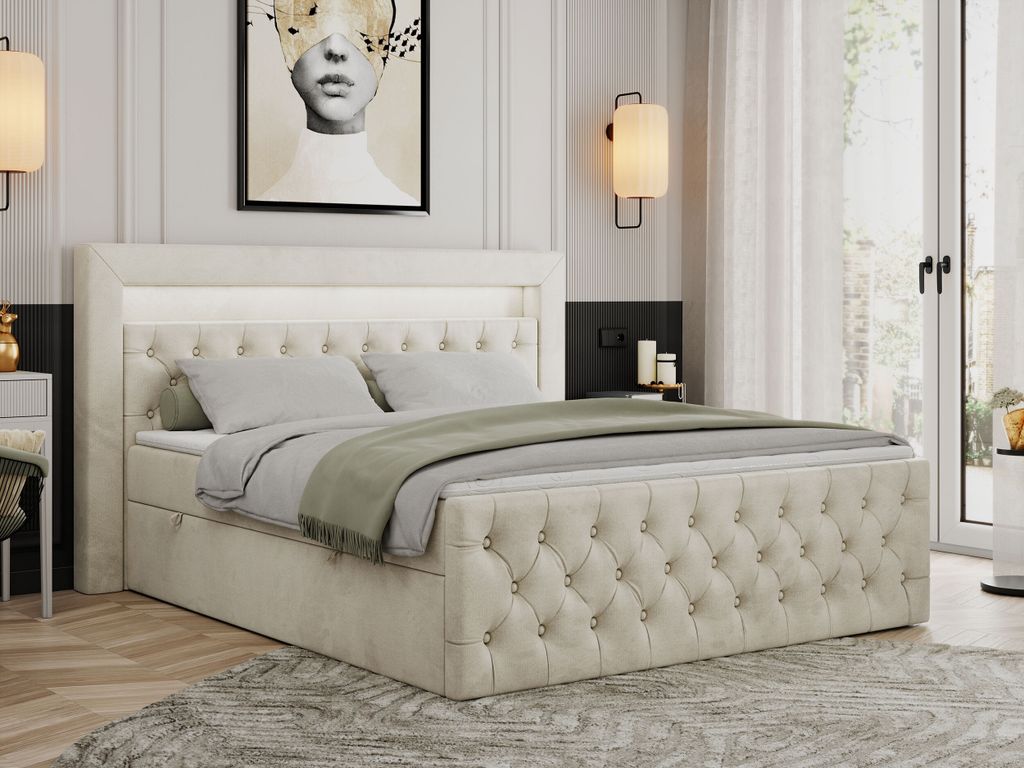 Boxspringbett 160x200 mit Led, Polsterbett 160x200 mit LED Kopfteil - Multipocket-Matratze H3 - Doppelbett mit Bettkasten Stauraumbet - GOLD-9 - 16...