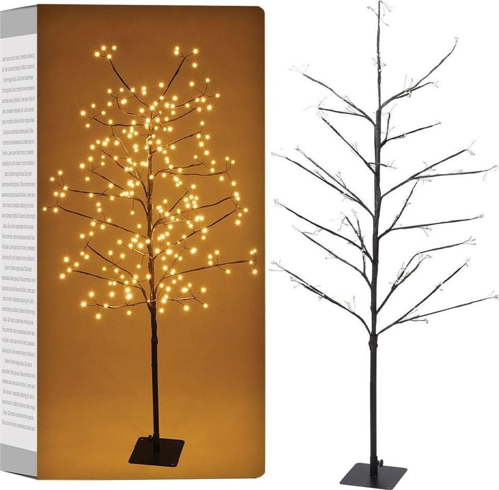 A product image showing a decorative LED tree with lights on the left and the bare tree structure on the right, presented against a brown background.