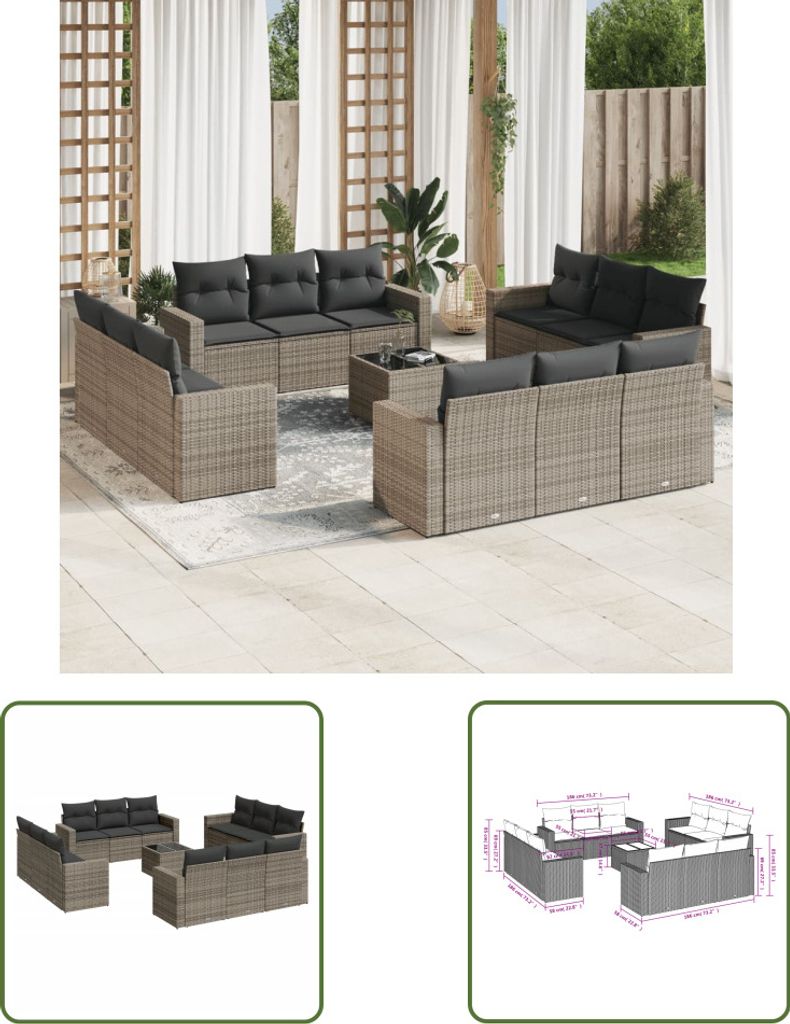 The Living Store 13-tlg. Garten-Sofagarnitur mit Kissen Grau Poly Rattan