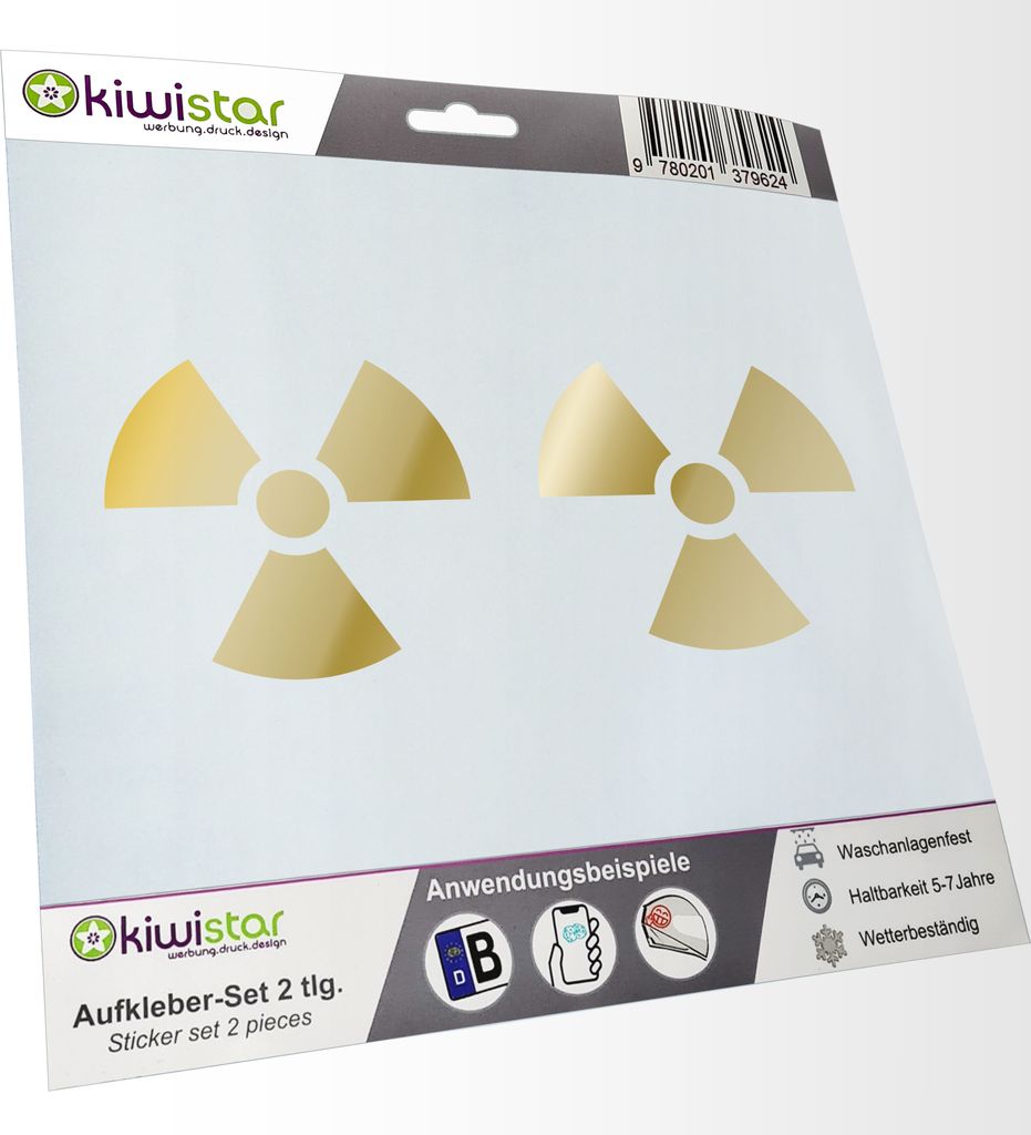 Kiwistar - 2x Kennzeichenaufkleber - goldchrom - 21 mm Radioaktiv - Strahlung - Kontamination - Autoaufkleber - Aufkleber für Auto, Laptop, Fahrra...