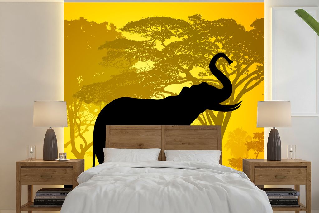 MuchoWow Fototapete für Wohnzimmer oder Schlafzimmer Wandtapete Vinyl Motivtapete Eine Illustration eines Elefanten mit aufgerichtetem Rüssel -...