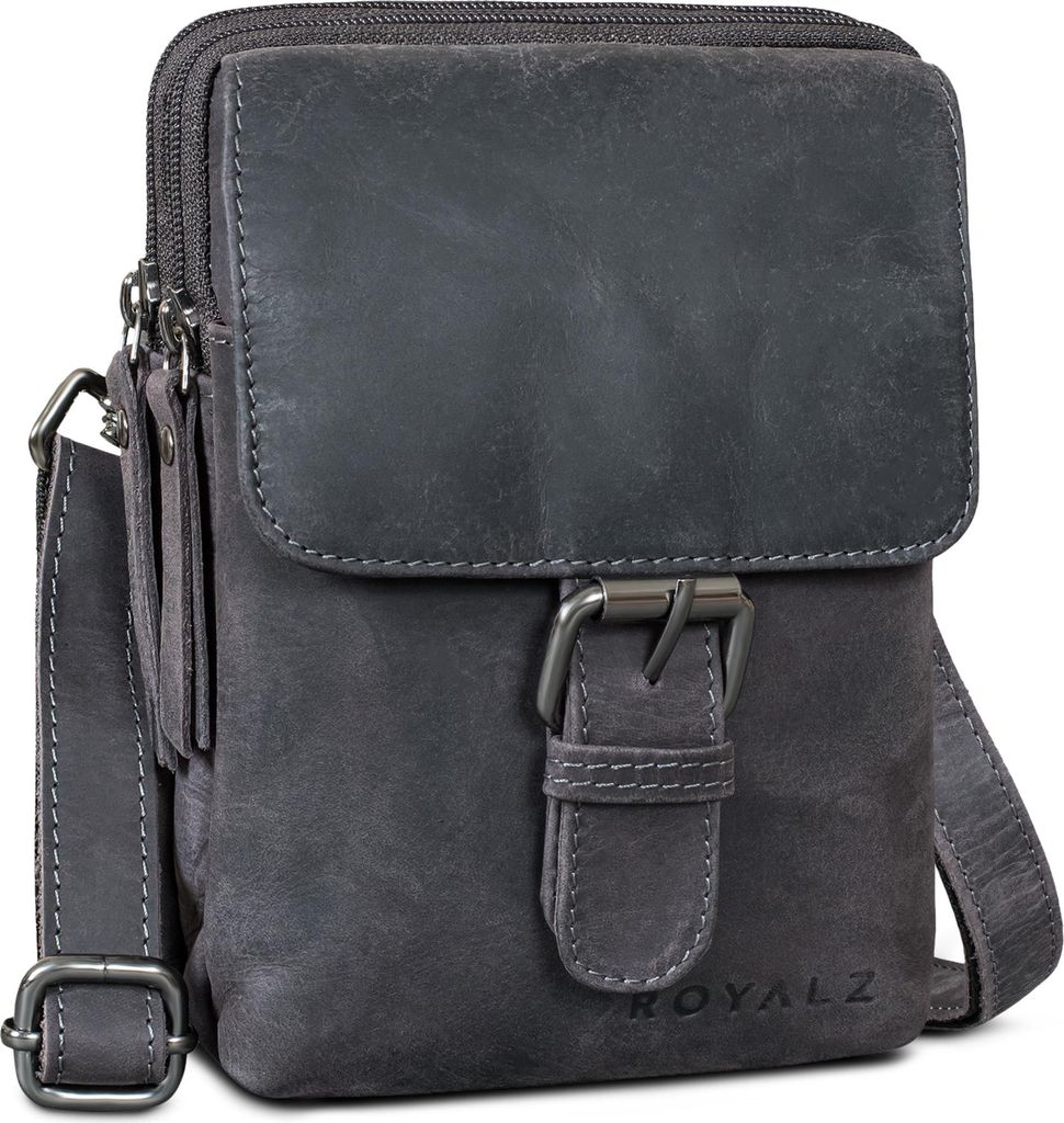 ROYALZ "Dalton" 3-in-1 kleine Umhängetasche Herren Echtleder - als Gürteltasche Schultertasche oder Handytasche - Multifunktionale Mini Tasche Le...