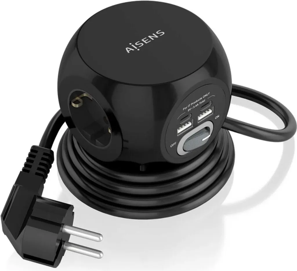 AISENS ciabatta multifunzione da tavolo con 3 prese + 2xUSB-C, 2xUSB-A, 1,4M, nero