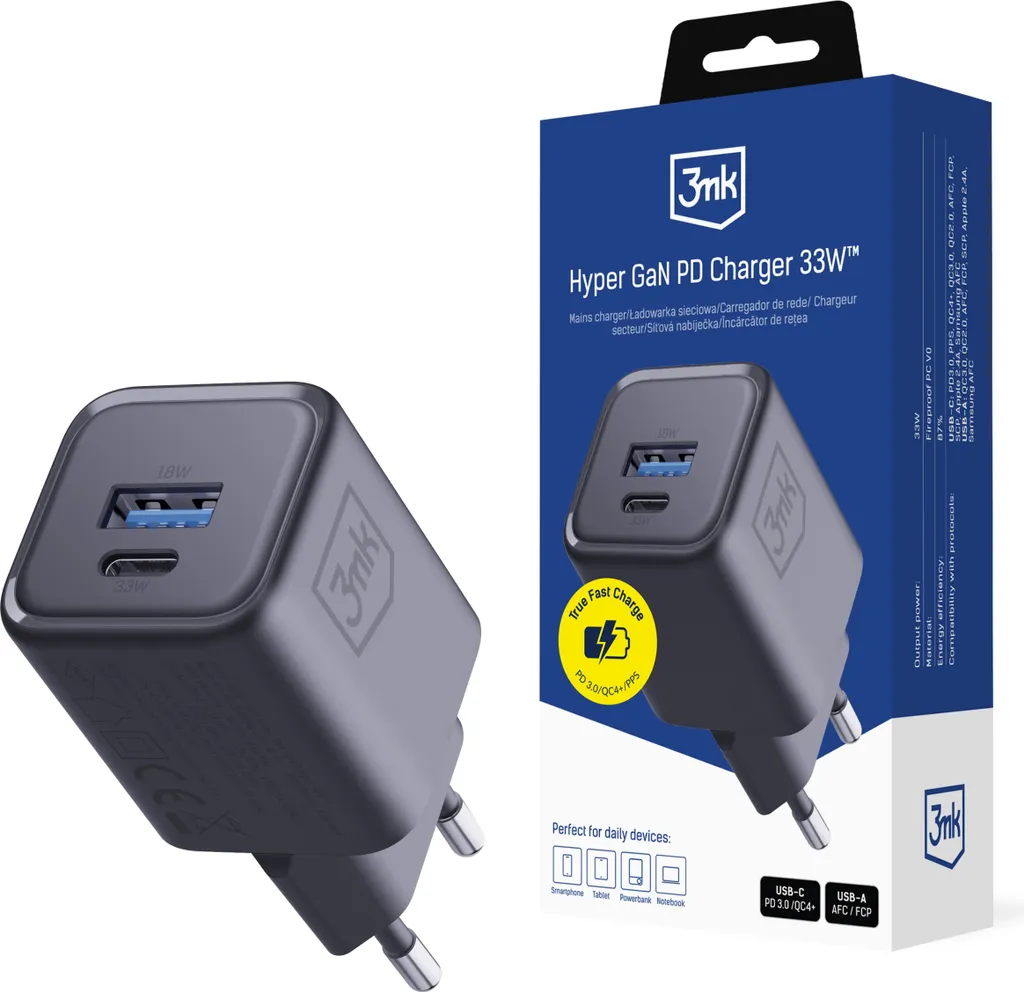 Adaptateur Secteur USB-C GaN 33W Hyper 3Mk Charge Rapide Universelle