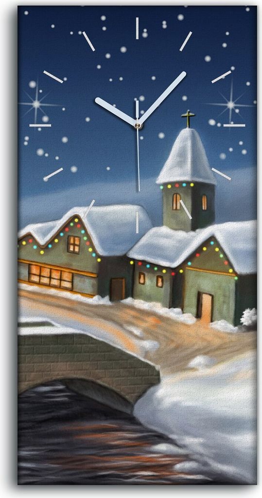 Dekor Leinwand Uhr Wandbilder Quarz 30x60 Kunst Winterstadt Weihnachtslandschaft - weiße Hände