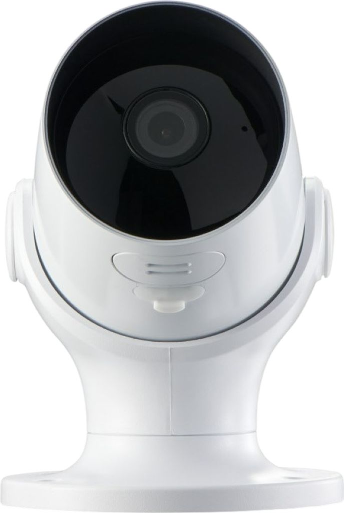 A close-up studio shot of a white security camera.