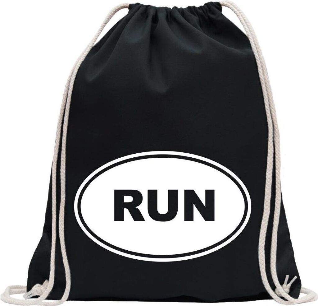 Kiwistar - Turnbeutel - schwarz - RUN - Fun Rucksack Sport Beutel Gymsack Baumwolle mit Ziehgurt