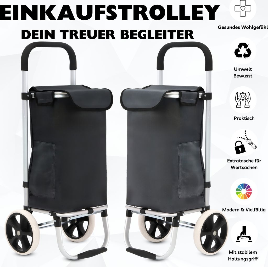 Two shopping trolleys are shown side-by-side against a white background, with text and icons highlighting product features.