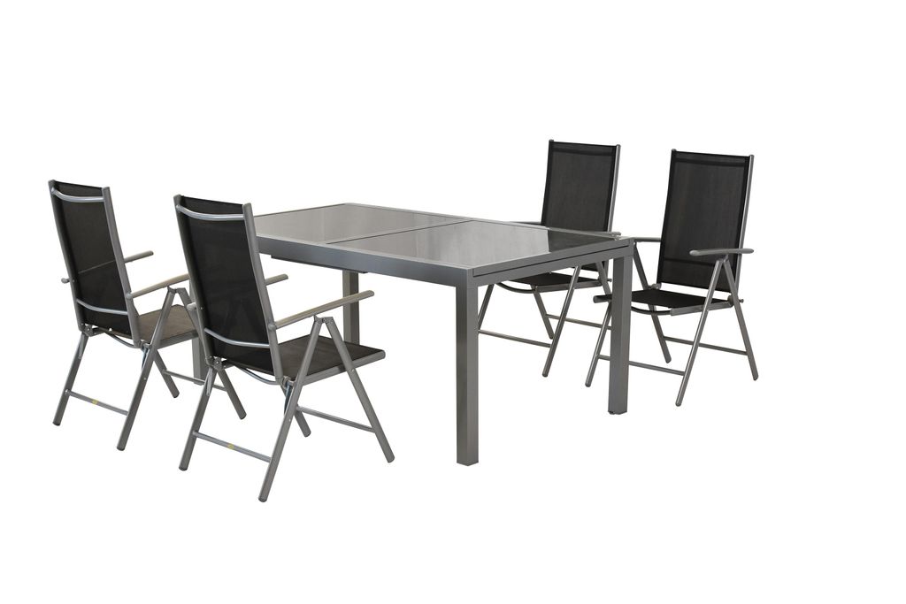 Merxx Gartenmöbel Set Amalfi 5tlg., 4 Klappsessel, Ausziehtisch 140 (200) x 90 cm, schwarz - Aluminium mit Textilbespannung