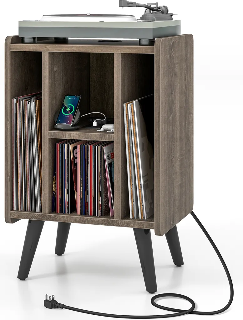 COSTWAY Support Platine Vinyle avec Prises et 4 Étagères de Rangement