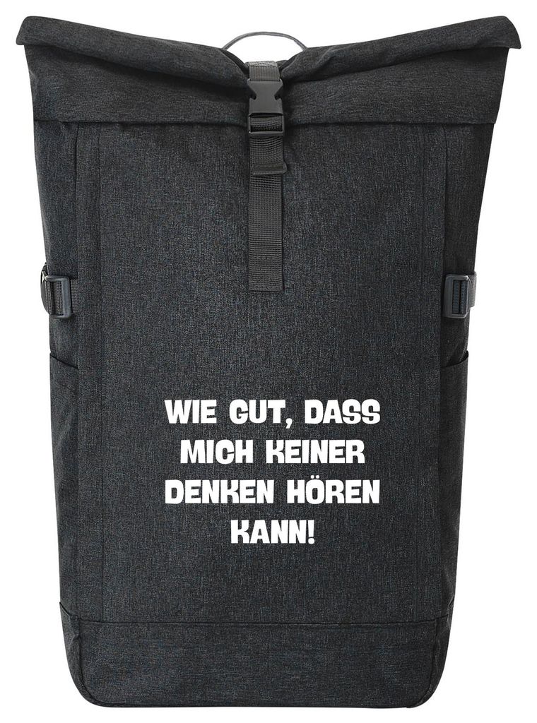 Huuraa Kurierrucksack Gut das mich keiner denken hört 30-44 Liter Black Melange Fairtrade Rolltop Rucksack Geschenkidee