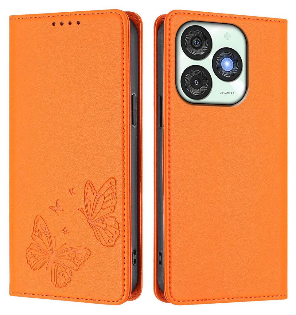 Lederhülle für itel A50, Schmetterling Prägung Leder Brieftasche Schutzhülle mit Ständer Orange