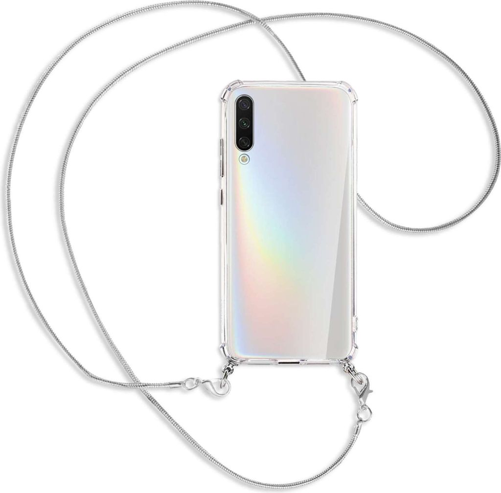Handykette Backcover-Schutzhülle mit Band (Metall silberfarben) für Xiaomi Mi A3 / Mi CC9e - silberfarbene Kette Snake