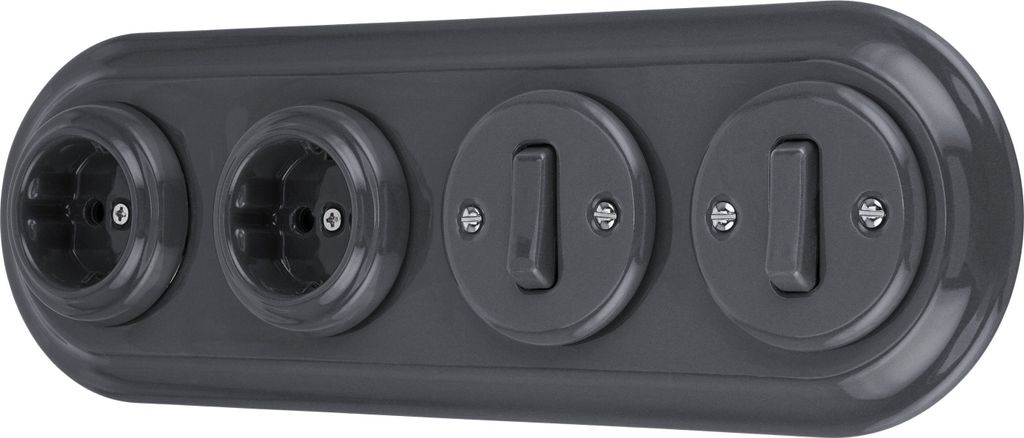 Unterputz Porzellan Retro Steckdose, Schalter, 4-fach, All-in-One, SET Serie PR1 dunkelgrau