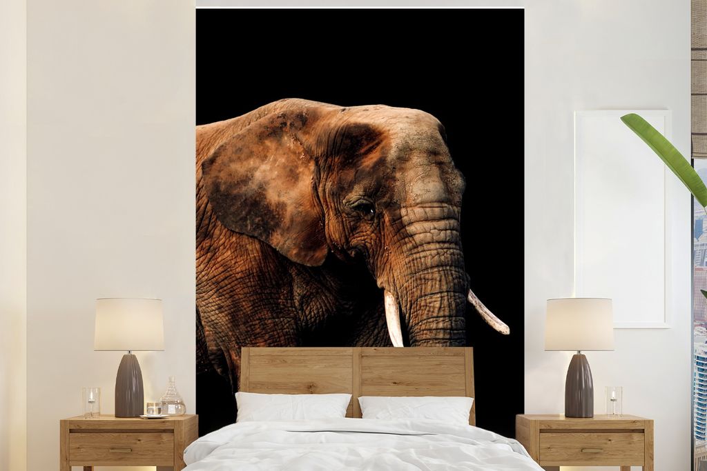 MuchoWow Fototapete für Wohnzimmer oder Schlafzimmer Wandtapete Vinyl Motivtapete Elefant - Schwarz - Terrakotta - 225x350 cm - Schlafzimmer tapete