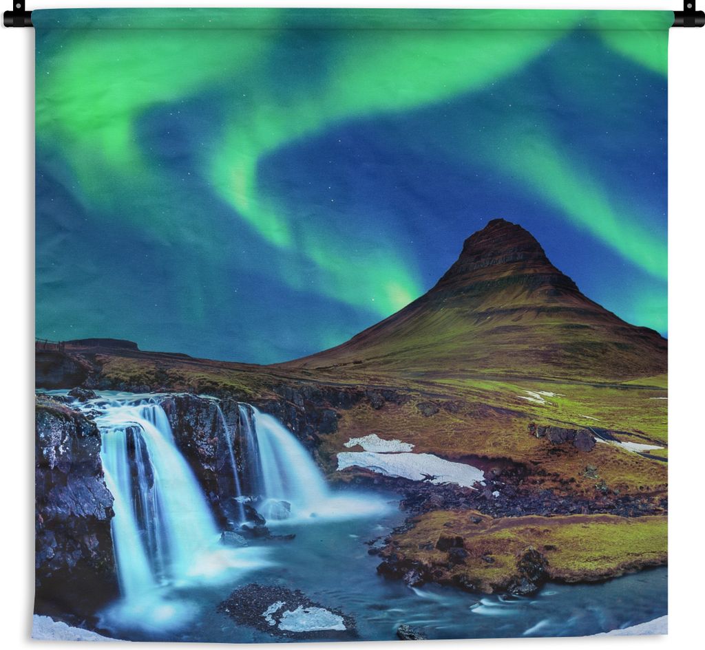 MuchoWow Wandteppich Wandbehang Nordlicht - Sternenhimmel - Island - Berg - Grün - Wasserfall - See 150x150 cm Tapisserie Dekoration Wandtuch - ...