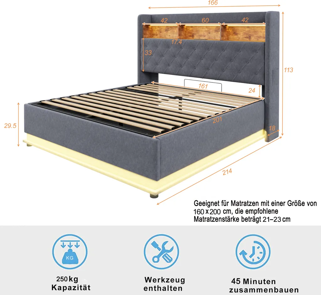 Lit double Boxspring 160x200cm en lin gris avec coffre de rangement - 6