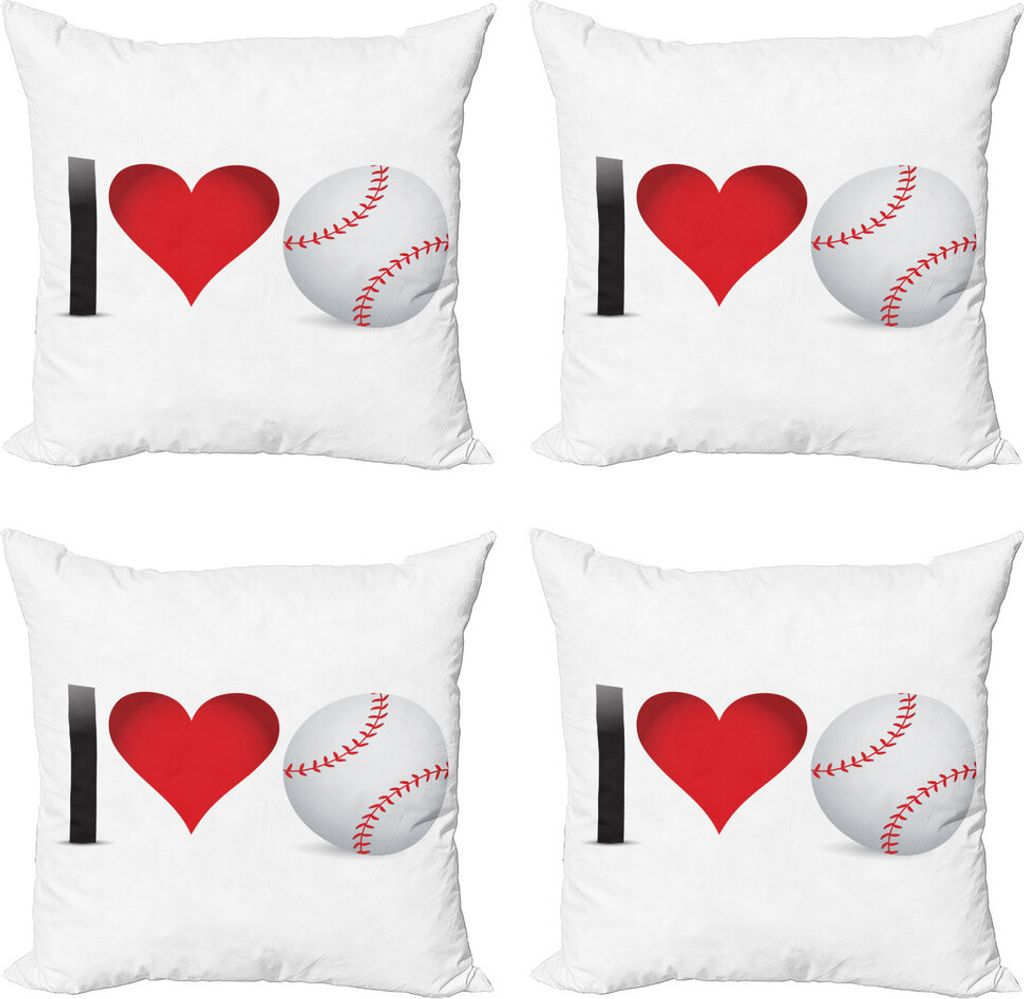 ABAKUHAUS Sport Kissenbezug Set (4 Stück), Ich liebe Baseball-Herz, Moderner Doppelseitiger Digitaldruck, 50 cm x 50 cm, Rot Schwarz Weiß