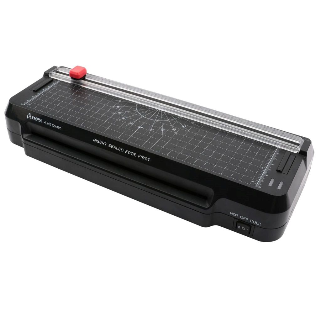 A black Olympia A245 Combo laminator and paper cutter is shown on a white background.