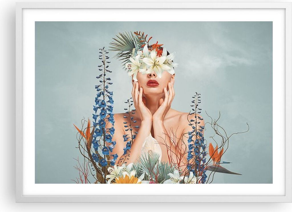 Gerahmtes Poster - Weißer Rahmen - Surreal Frau Blumen - 70x50 cm - Wand Bild - Wanddeko - Wandbilder - Kunstposter - Wandposter - Bilderrahmen - ...