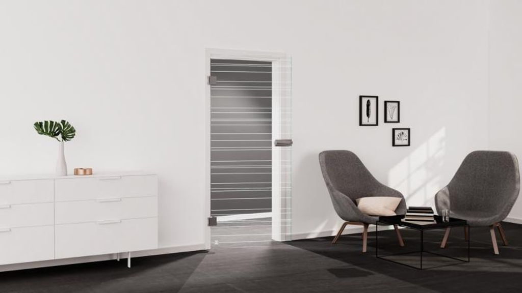 Griffwerk Glasdrehtür (ESG) LINES 814 ESG PURE WHITE klar 834x1972x8mm Studio/Office DIN L