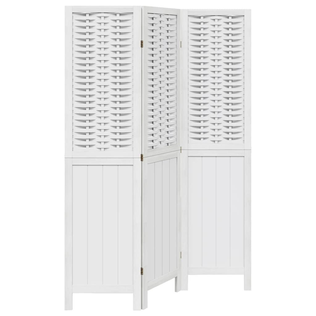 A white three-panel room divider with a woven pattern on the top half and vertical slats on the bottom half, set against a white background.
