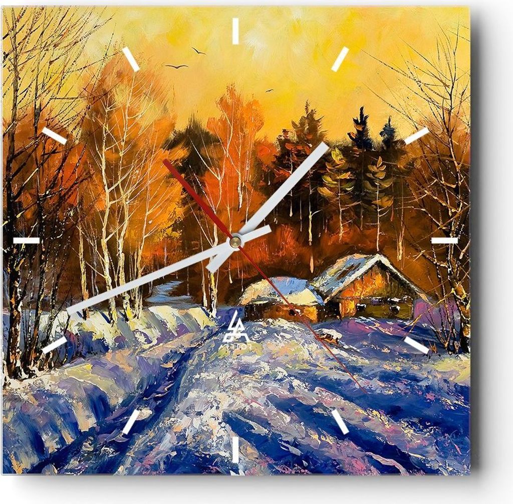 Wanduhr - Quadrat - Glasuhr - Winter Wald Wiese - 30x30cm - Schleichendes Uhrwerk - Lautlos - zum Aufhängen bereit - Dekoration Modern - Wanddekor...