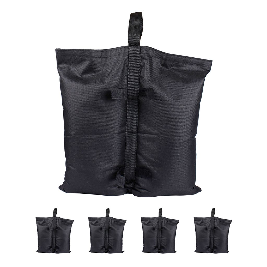 A set of four black sandbags for weighting down a pavilion or tent. One large sandbag is shown in the foreground, with three smaller ones arranged below it.