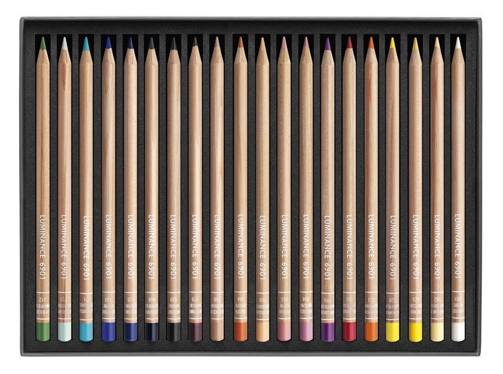 A set of colored pencils laid out in a black case.