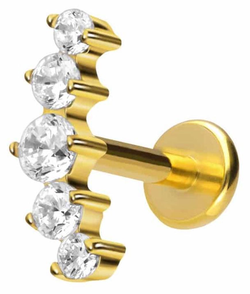 Ohrpiercing, Nasenpiercing Titan Labret mit Push Fit 5 EINGEFASSTE KRISTALLE Gold Stablänge: 10mm | Stabstärke: 1,2mm