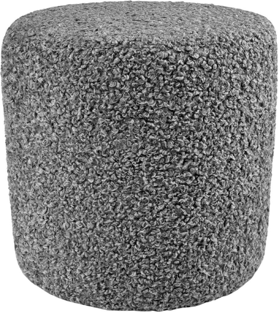A grey bouclé stool on a white background.