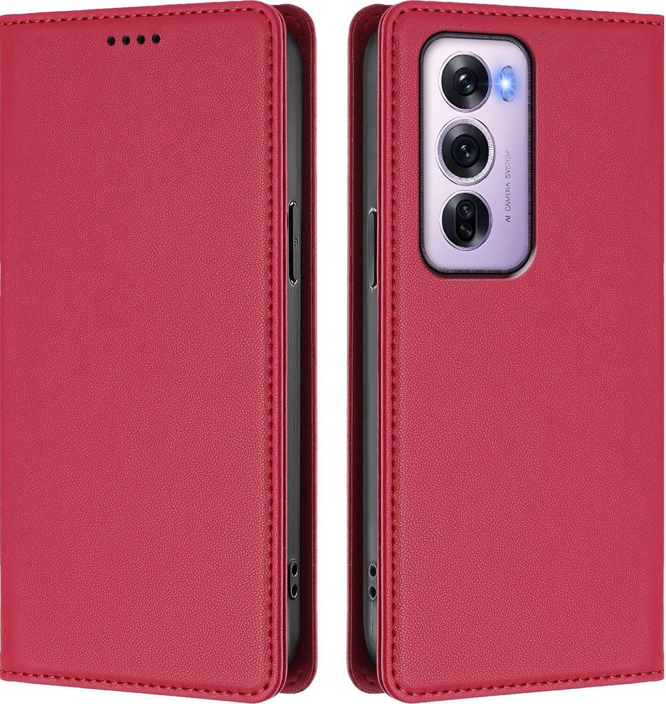 Handyhülle für Oppo Reno12 Pro 5G, Kunstleder Klapphülle Stoßfeste Magnetische Hülle mit Ständer Rot
