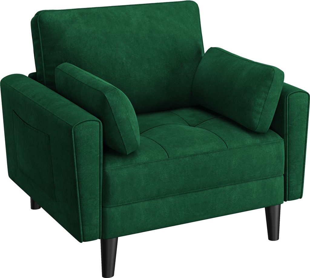 A green accent chair shown from the front.