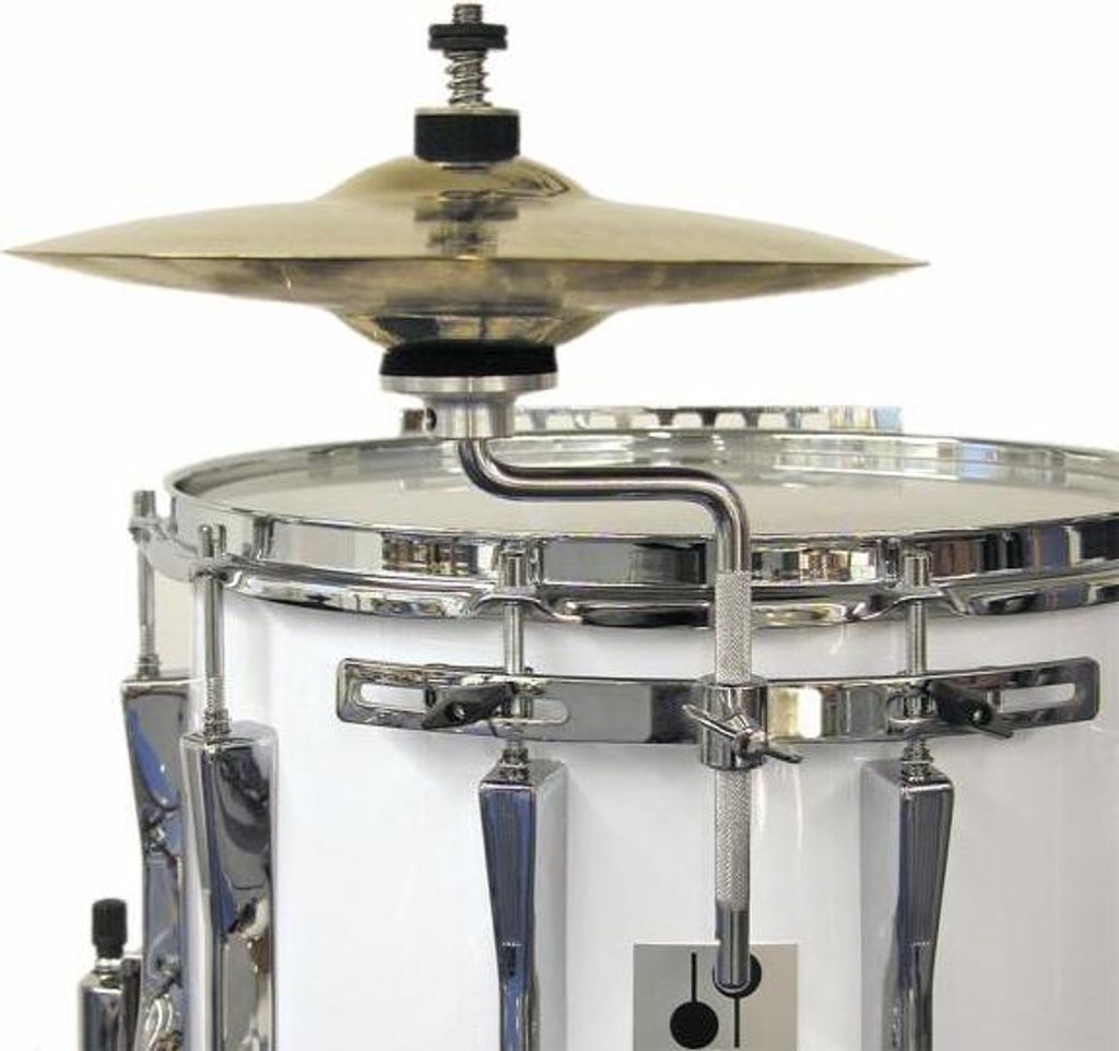 A close-up view of a cymbal holder attached to a snare drum.