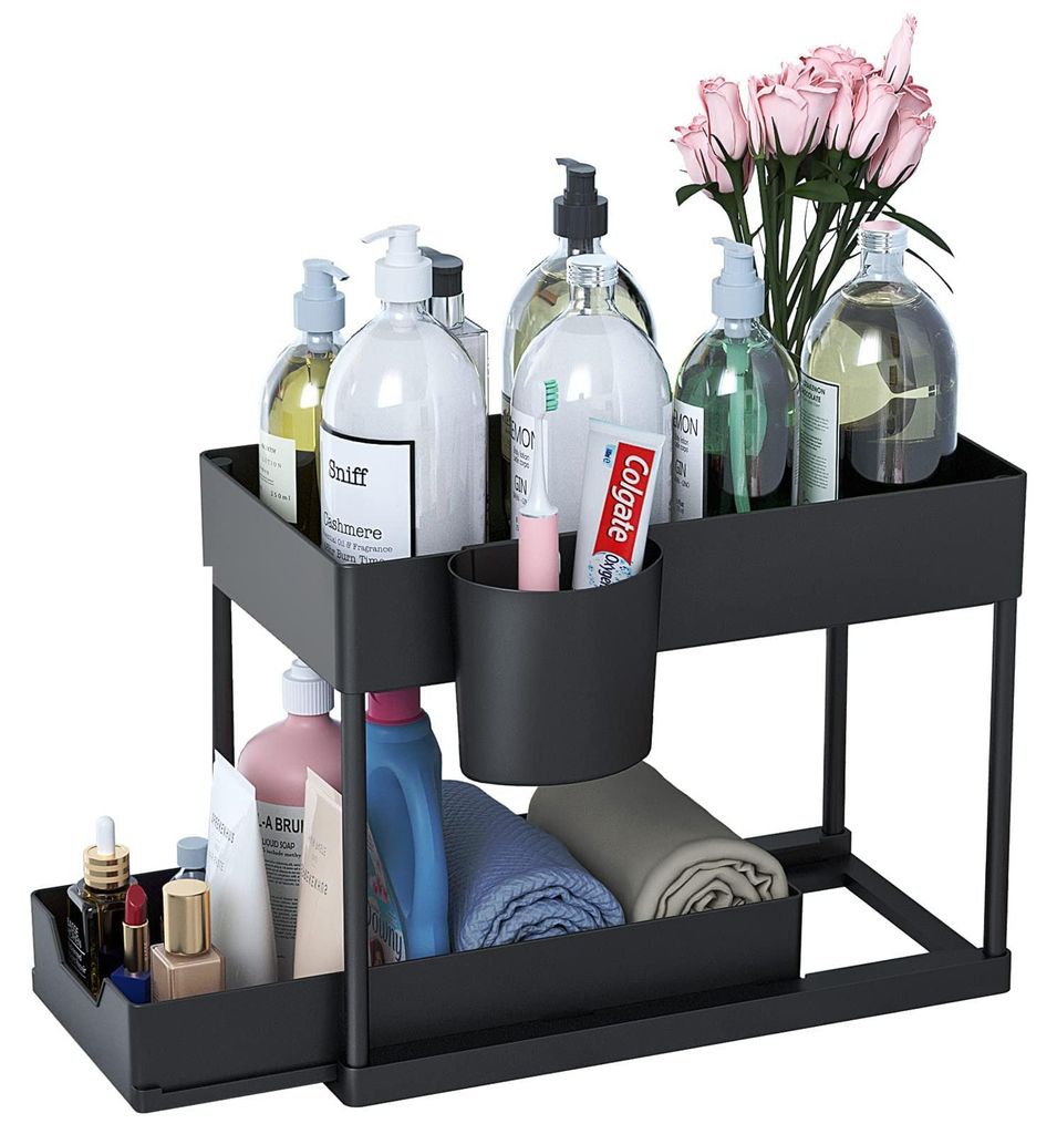 2-stöckiges Regal für unter die Spüle, Küchenorganizer mit 4 Haken und 1 Becherhalter, Gewürzregal mit ausziehbarer Schublade für unter die K...
