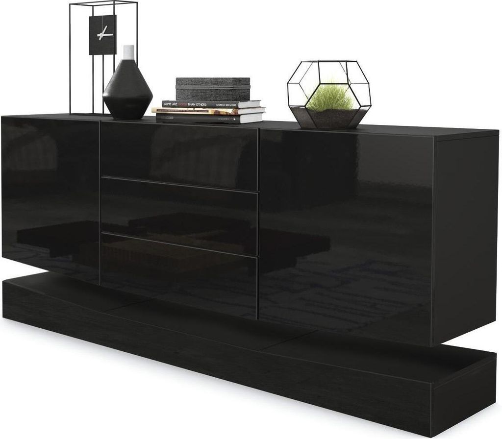 Vladon Sideboard City, Germany, Schwarz matt/Schwarz Hochglanz - Moderne Kommode für Ihr Wohnbereich (178 x 72 x 38 cm)