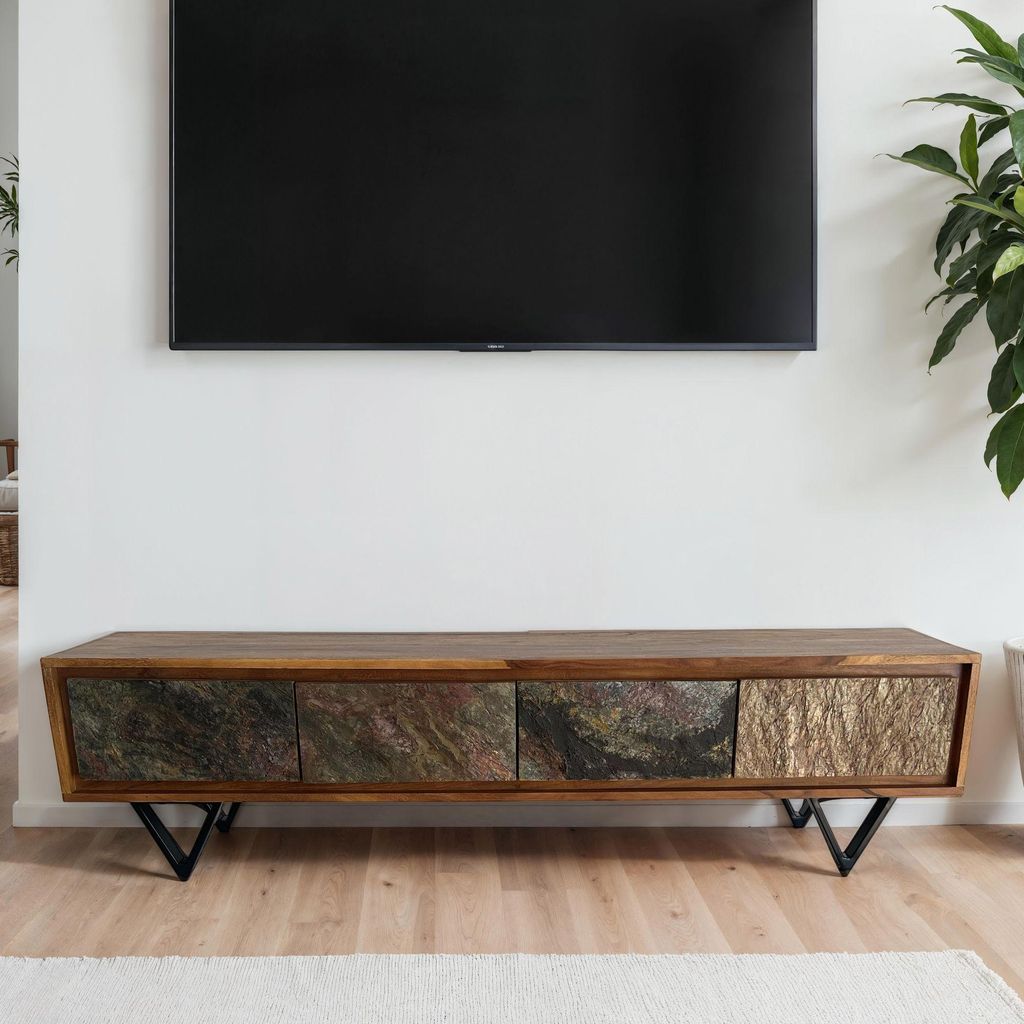 Lowboard FineBuy Sheesham Massivholz 160 cm TV Board Stein Produktbild 