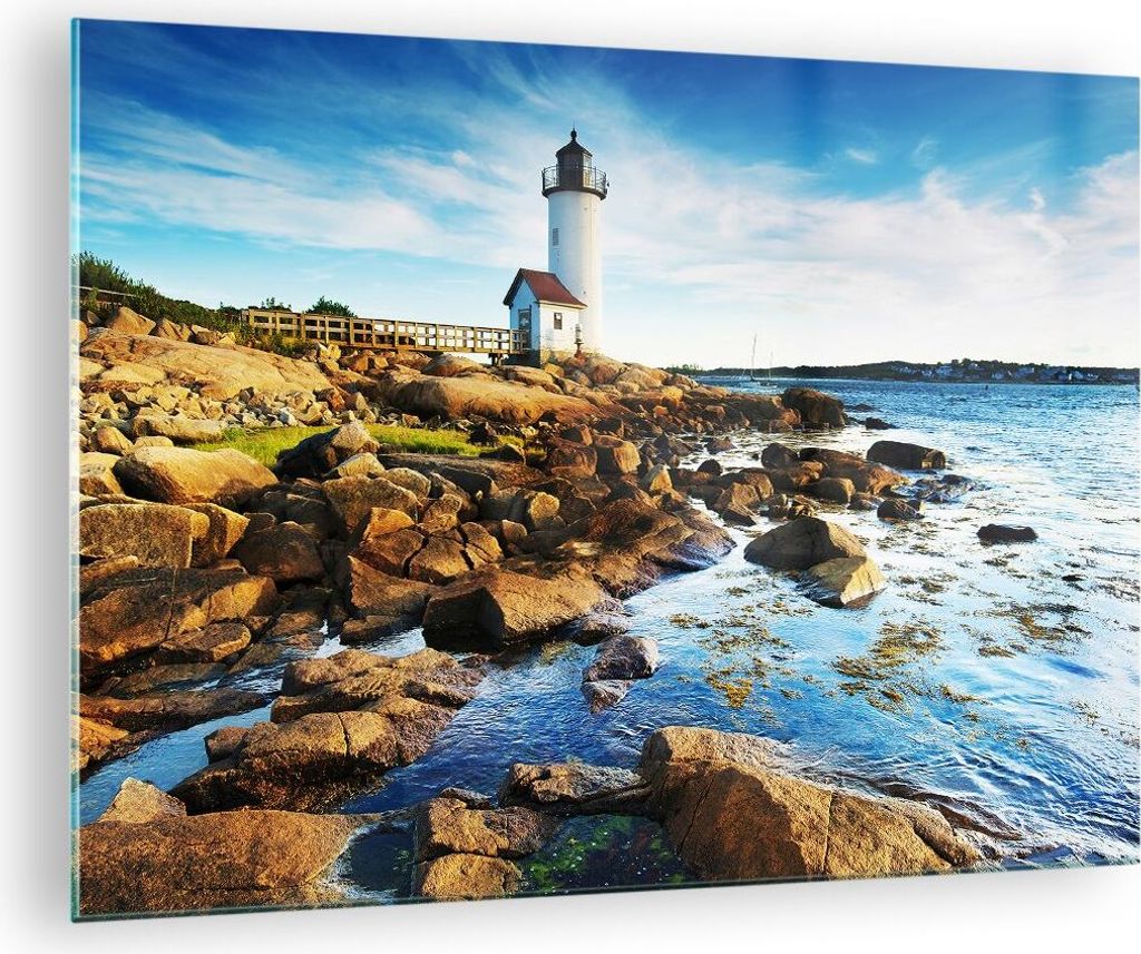 Bilder auf glas - Leuchtturm Ufer Wolke Landschaft - 70x50cm - Glasbilder - Wandbilder - Kunstdruck - zum Aufhängen bereit - Wanddekoration aus Gl...