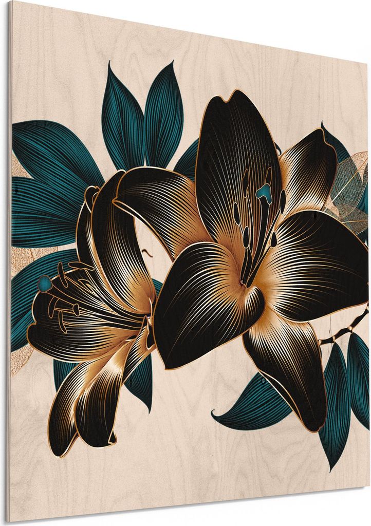 DEQORI Holzbild 50x50 cm 'Hochwertige Liliengrafik' Bild auf Holz Wandbild Kunstdruck