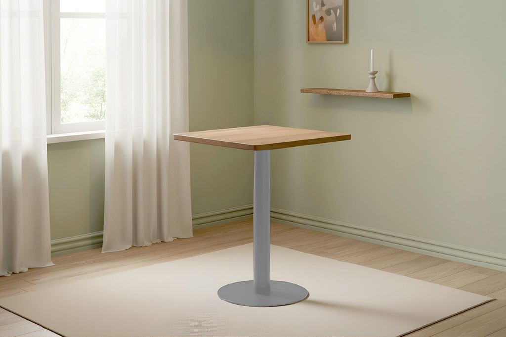 Refurbished Möbelretoure Bistrotisch eckig Runde Kante 70 x 70 cm Akazienholz natur massiv Säulengestell-rund silber EMILE