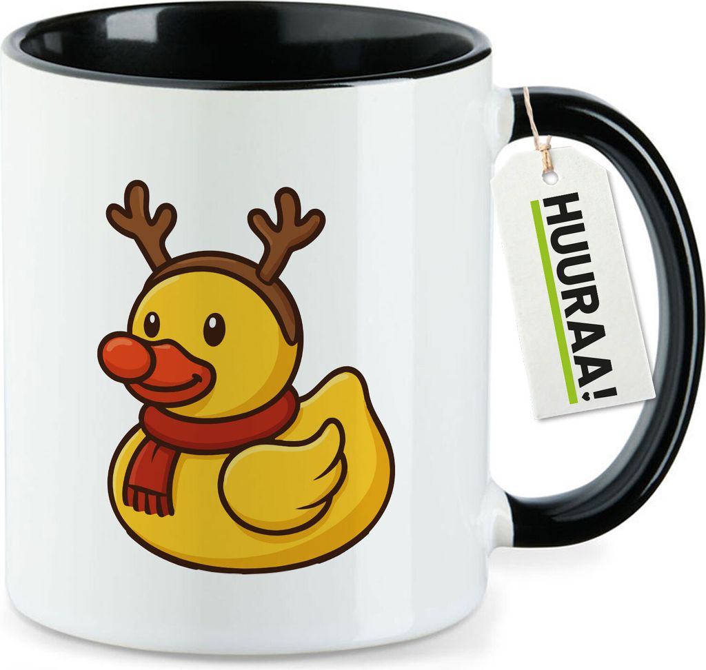 Huuraa Kaffeetasse Quietscheente Rudolf Gummiente Rentier 330ml Schwarz Keramik Kaffeebecher Geschenkidee