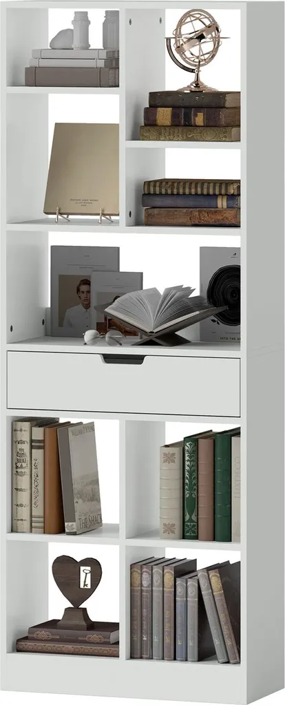 Étagère de Rangement Blanche avec 9 Compartiments et Tiroir pour Salon Bureau