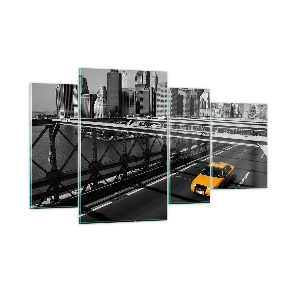 Bilder auf glas - New York Manhattan Brooklyn Brücke Taxi - 120x70cm - Glasbilder - Wandbilder - Kunstdruck - Wanddekoration aus Glas - Glas Bilde...
