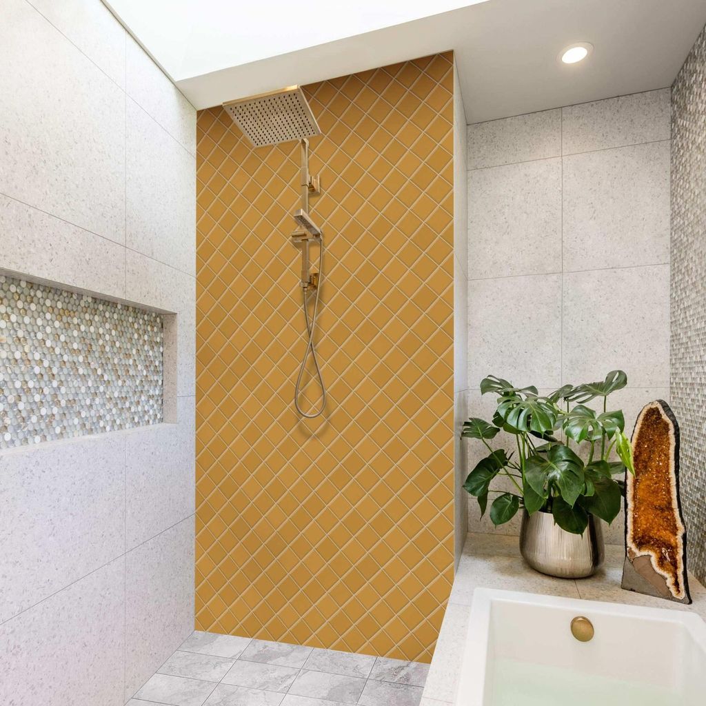 Duschrückwand mit Motiv selbstklebend - 0.35 mm Wandpaneel wasserfest Design orange Fliesenoptik Unifarben Badrückwand fugenlos Smart matt 110x19...