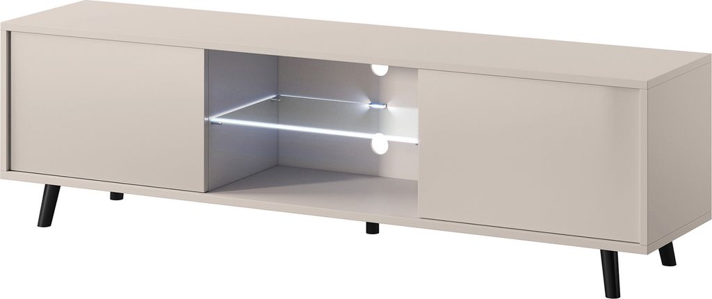 A beige TV lowboard with black legs, shown against a white background.